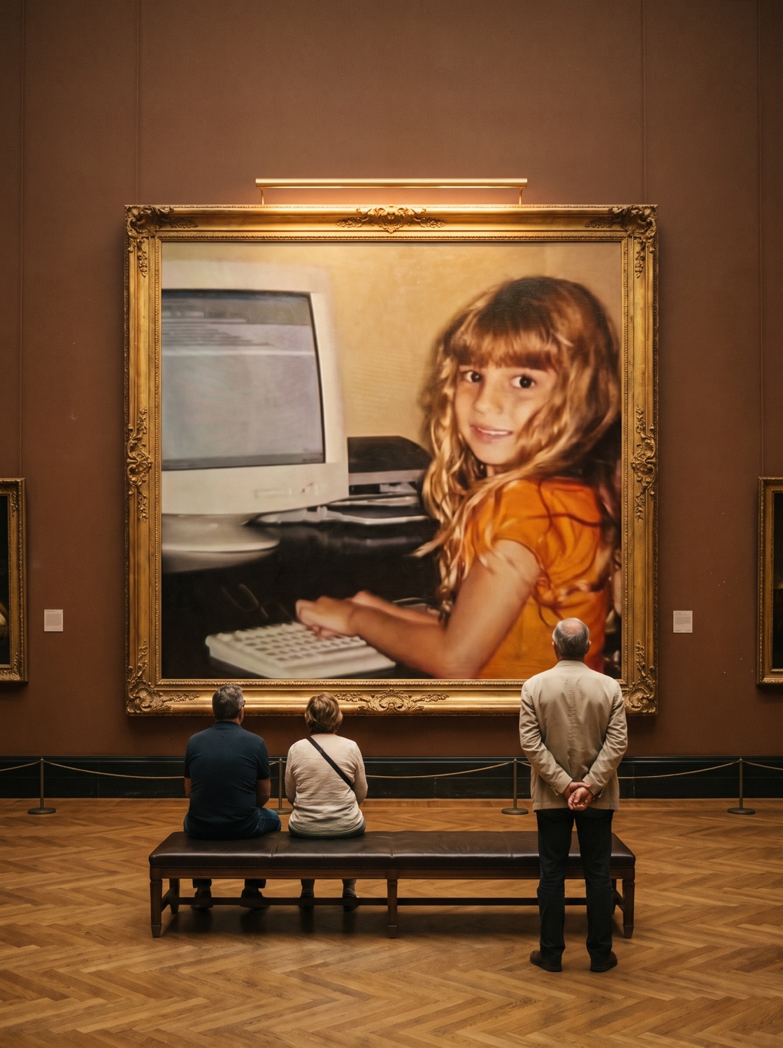 Numa galeria de museu, a foto de infância da Vitória, ela de camiseta laranja, virada para trás diante de um computador de tubo, pendurada em moldura dourada monumental, com três visitantes parados diante dela